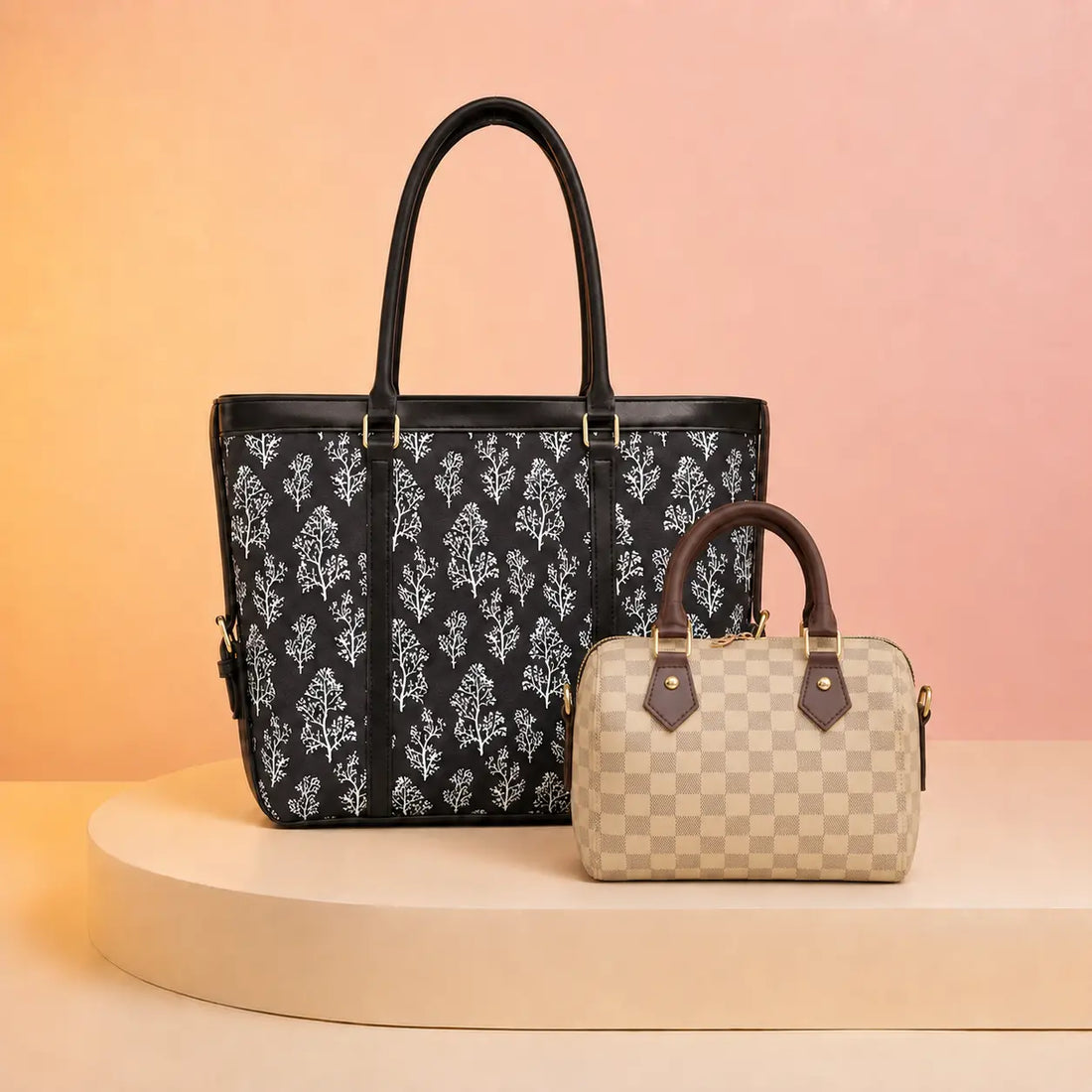 Two designer handbags displayed on a round pedestal against a warm peach gradient background. The larger bag on the left is black with a white botanical tree pattern, and the smaller bag on the right is beige with a brown checkerboard pattern and dark brown leather handles.