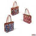 Canvas Tote Bag - Allure  Green Canvas Bag - Three handbags with floral and geometric patterns on a white background, featuring the brand 'HBH'.