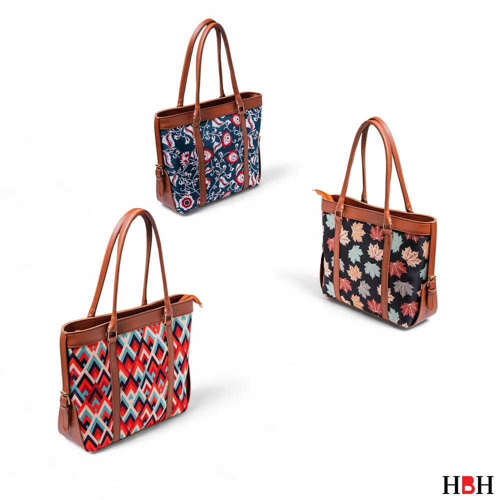 Canvas Tote Bags - Three handbags with different patterns on a white background, featuring the brand 'HBH'.