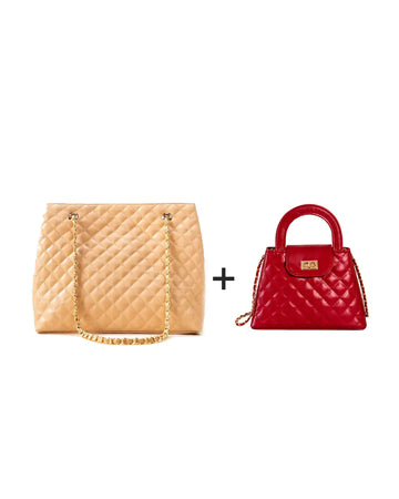 Classic Quilted Duo – Red Crossbody & Peach Tote Combo