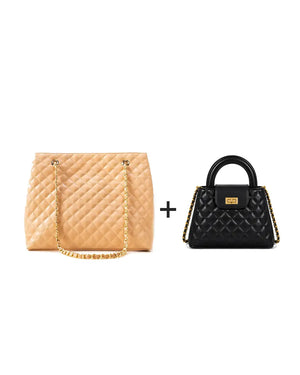 Classic Quilted Duo – Black Crossbody & Peach Tote Combo