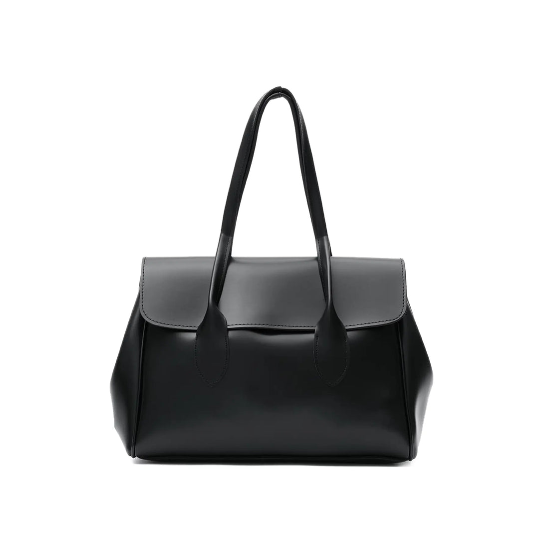 A black leather handbag with double top handles sits on a white shelf against a warm brown background, next to a gray quilted wristlet pouch with a red cherry charm. Bag by HBH