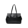A black leather handbag with a structured shape, double top handles, and a front flap, shown against a plain white background. Bag by HBH