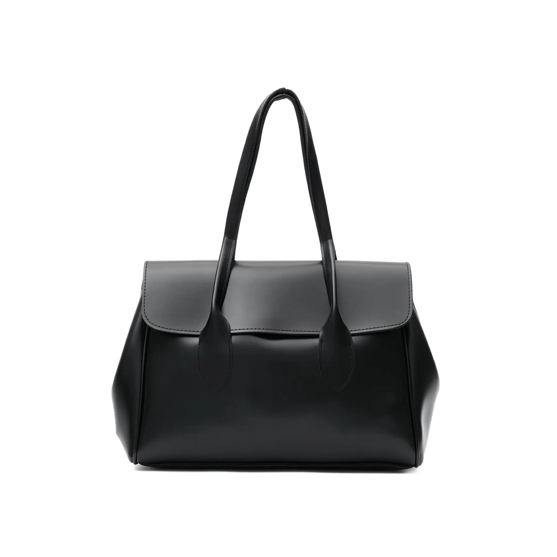 A black leather handbag with a structured shape, double top handles, and a front flap, shown against a plain white background. Bag by HBH