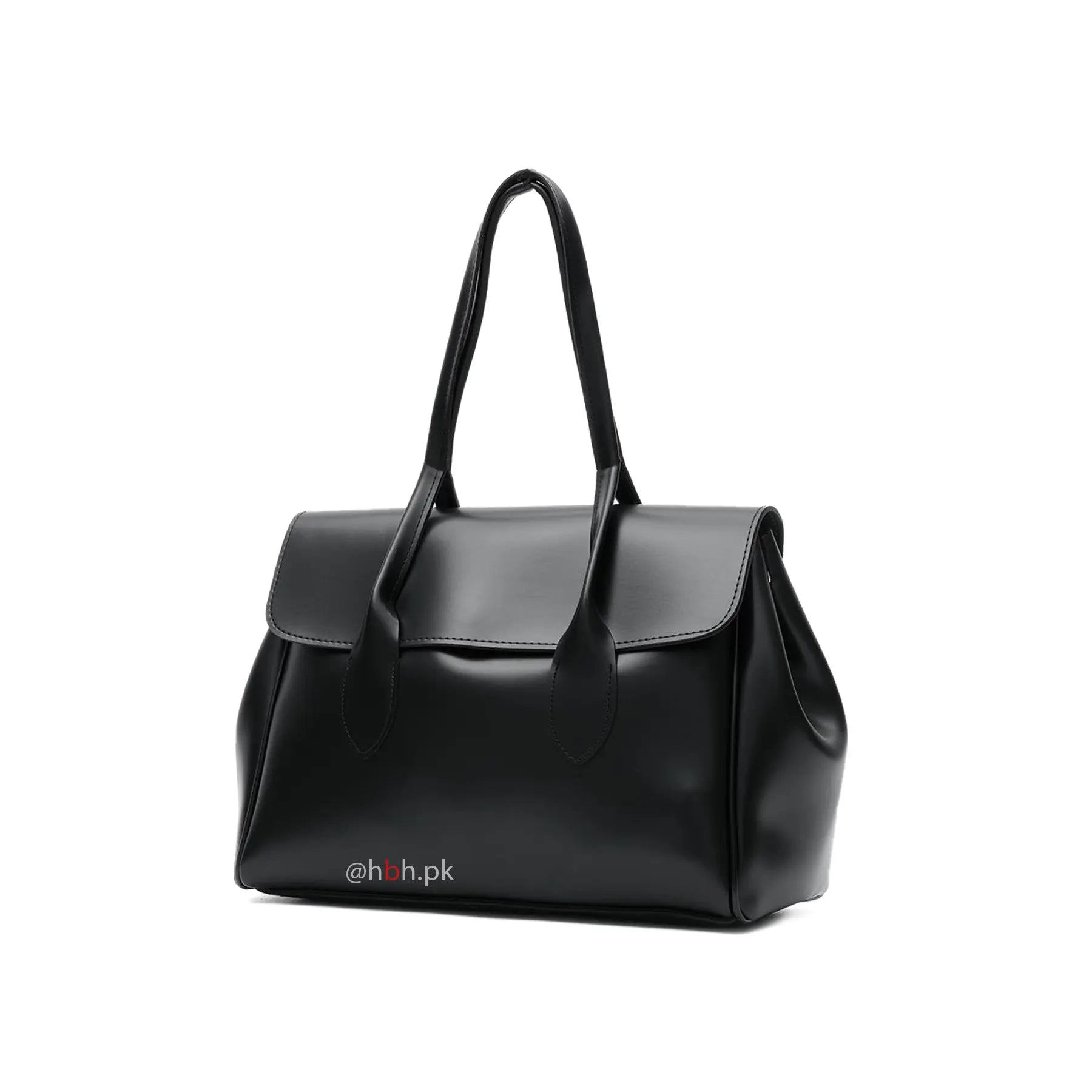 A black faux-leather handbag with a structured shape, double top handles, and a front flap, shown on a plain white background. Bag by HBH