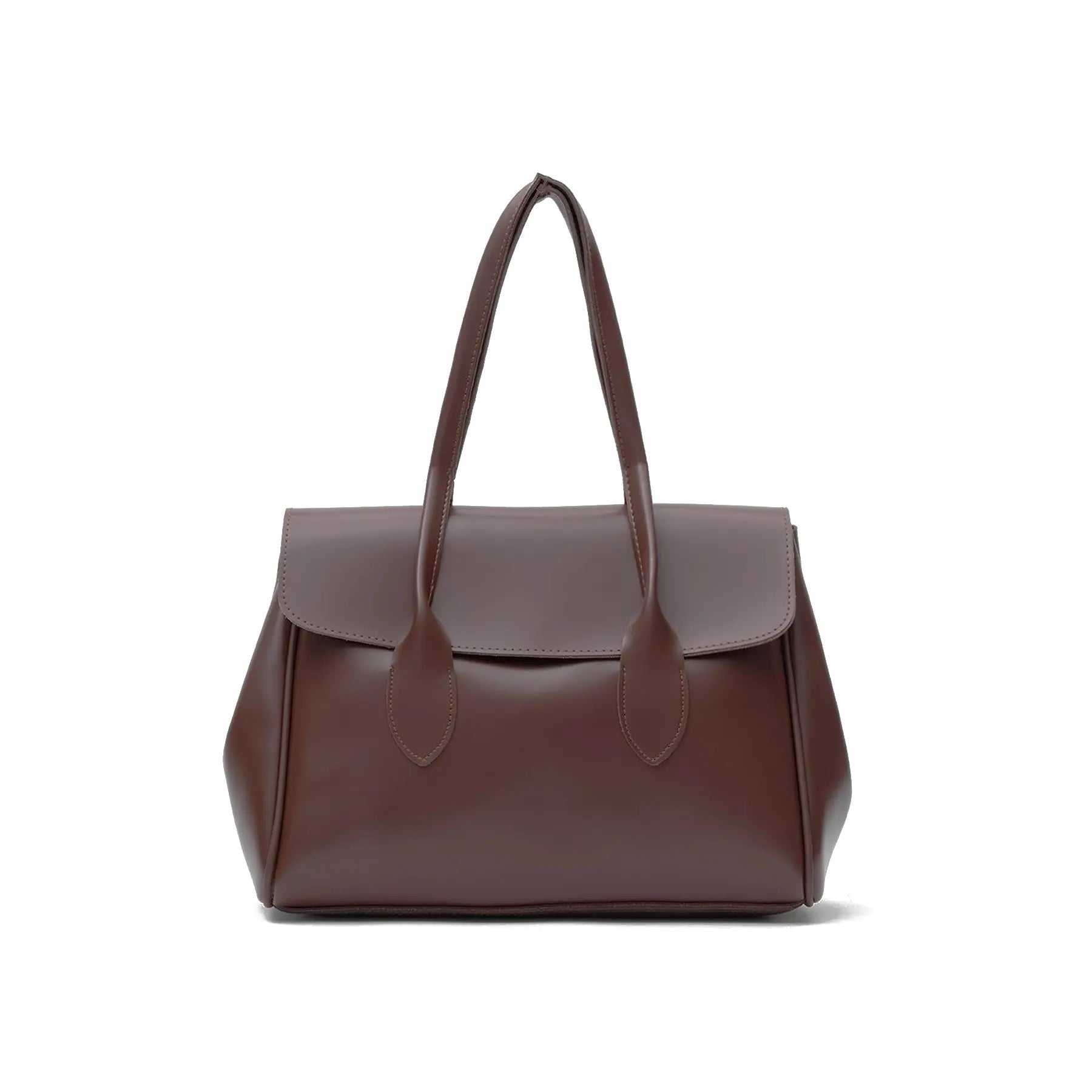 A dark brown leather handbag with a structured rectangular shape, double top handles, and a front flap, shown against a plain white background. Bag by HBH