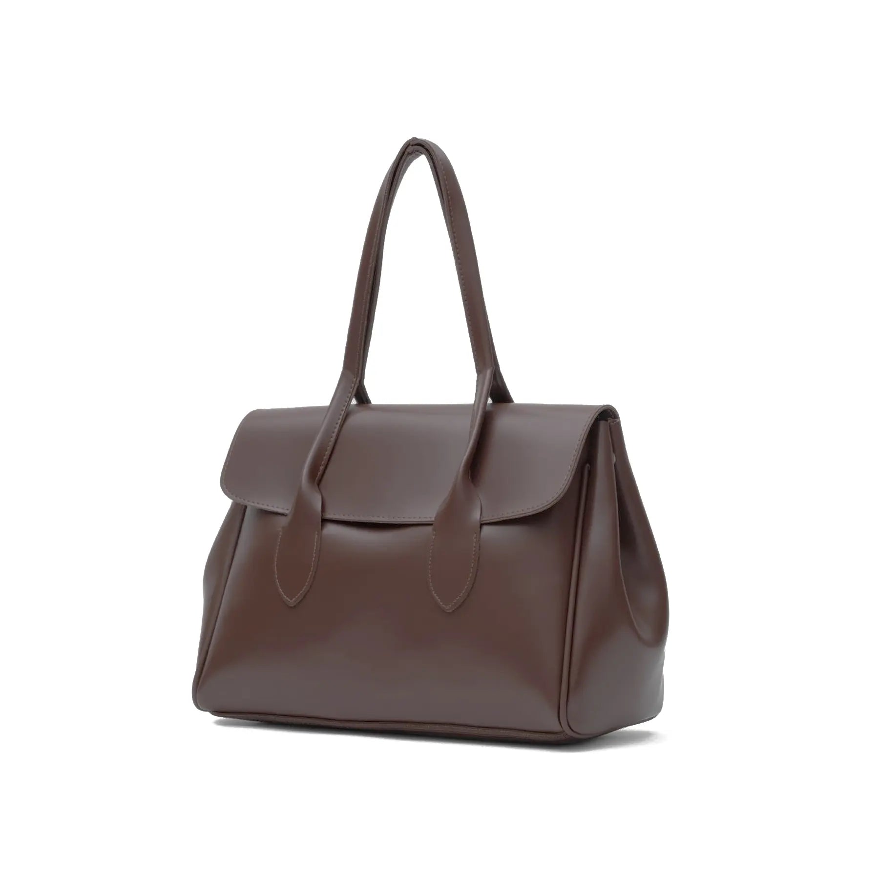 A dark brown leather handbag with a structured shape, top handles, and a front flap, shown from a three-quarter angle on a white background. Bag by HBH