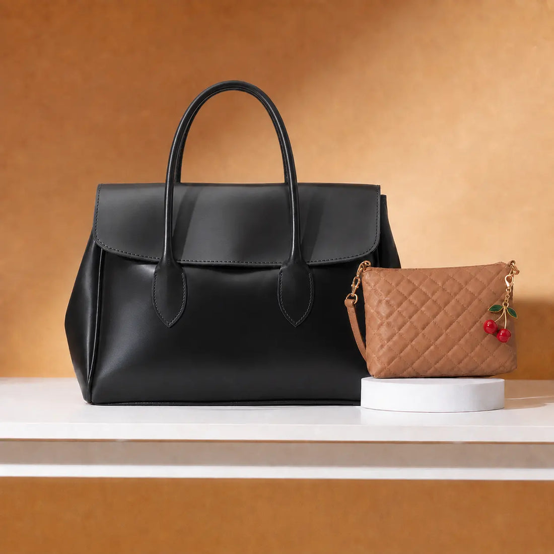 A black leather handbag with double top handles sits on a white shelf beside a small quilted tan pouch with gold hardware and a cherry charm, set against a warm brown background. Bag by HBH