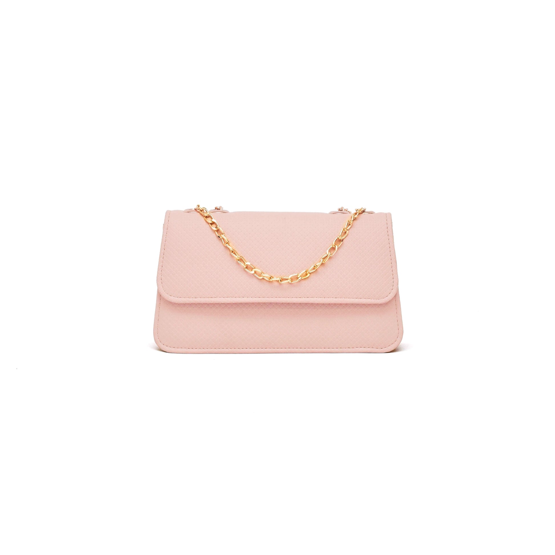 Pink handbag with a gold chain on a white background