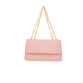 Pink handbag with a gold chain strap on a white background