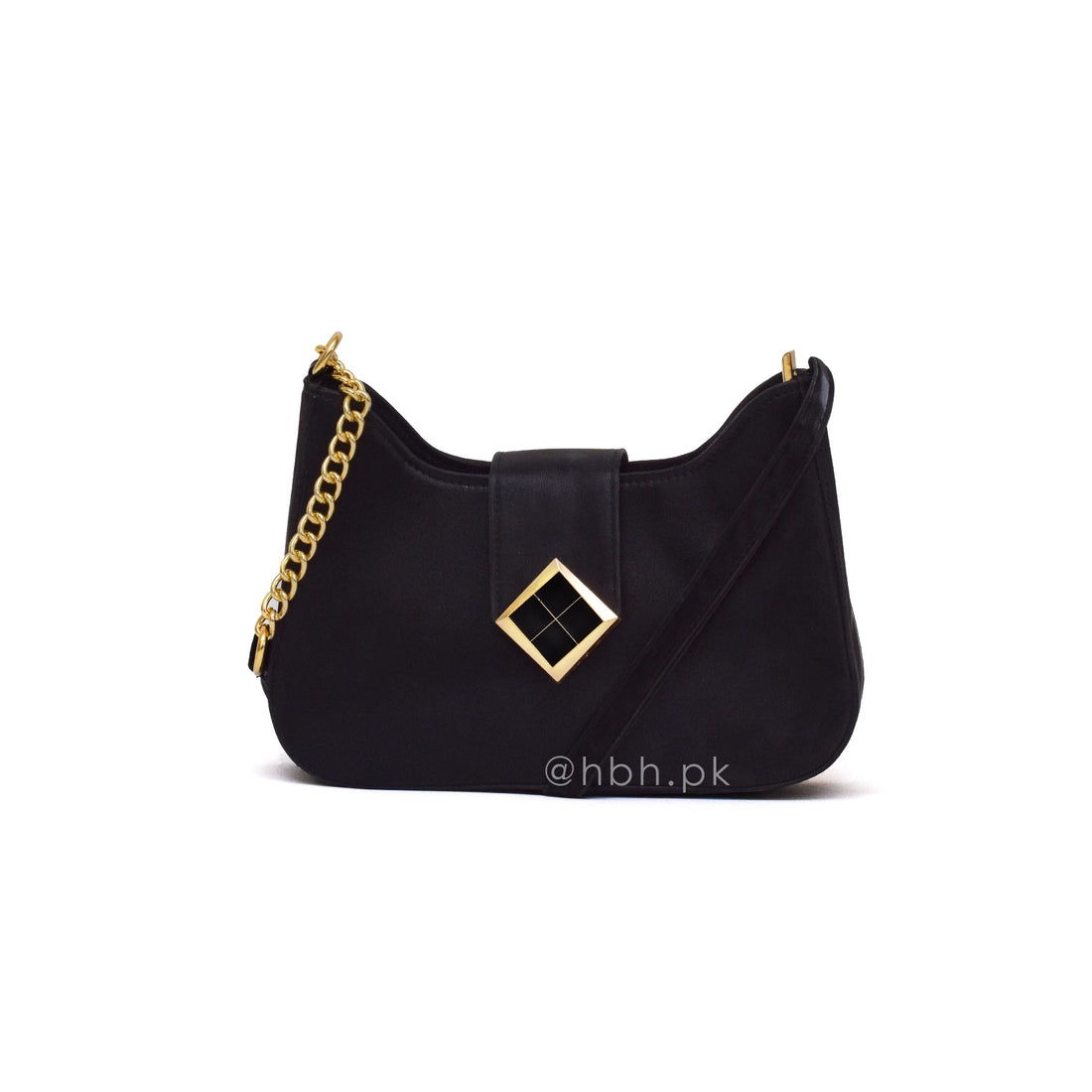 Black handbag with gold chain and decorative clasp on a white background