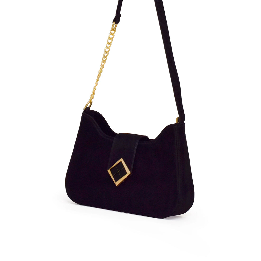 Black handbag with gold chain and decorative clasp on a white background