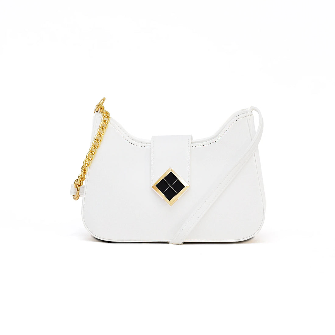 White handbag with a gold chain on a white background