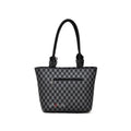 Black and gray checkered handbag with a visible brand logo on a white background