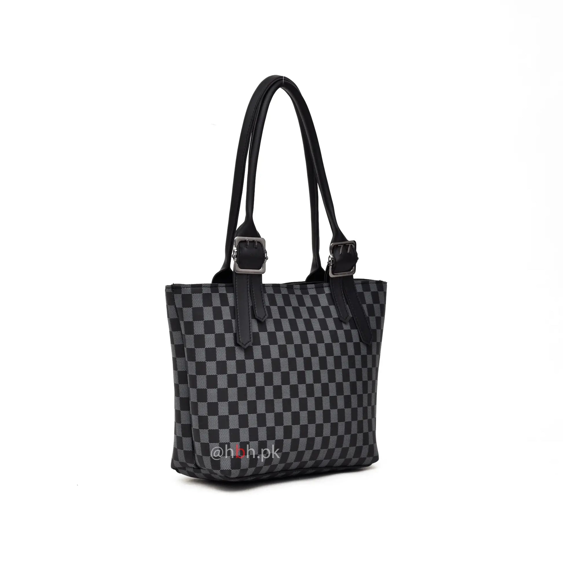 Checkered handbag with black straps on a white background