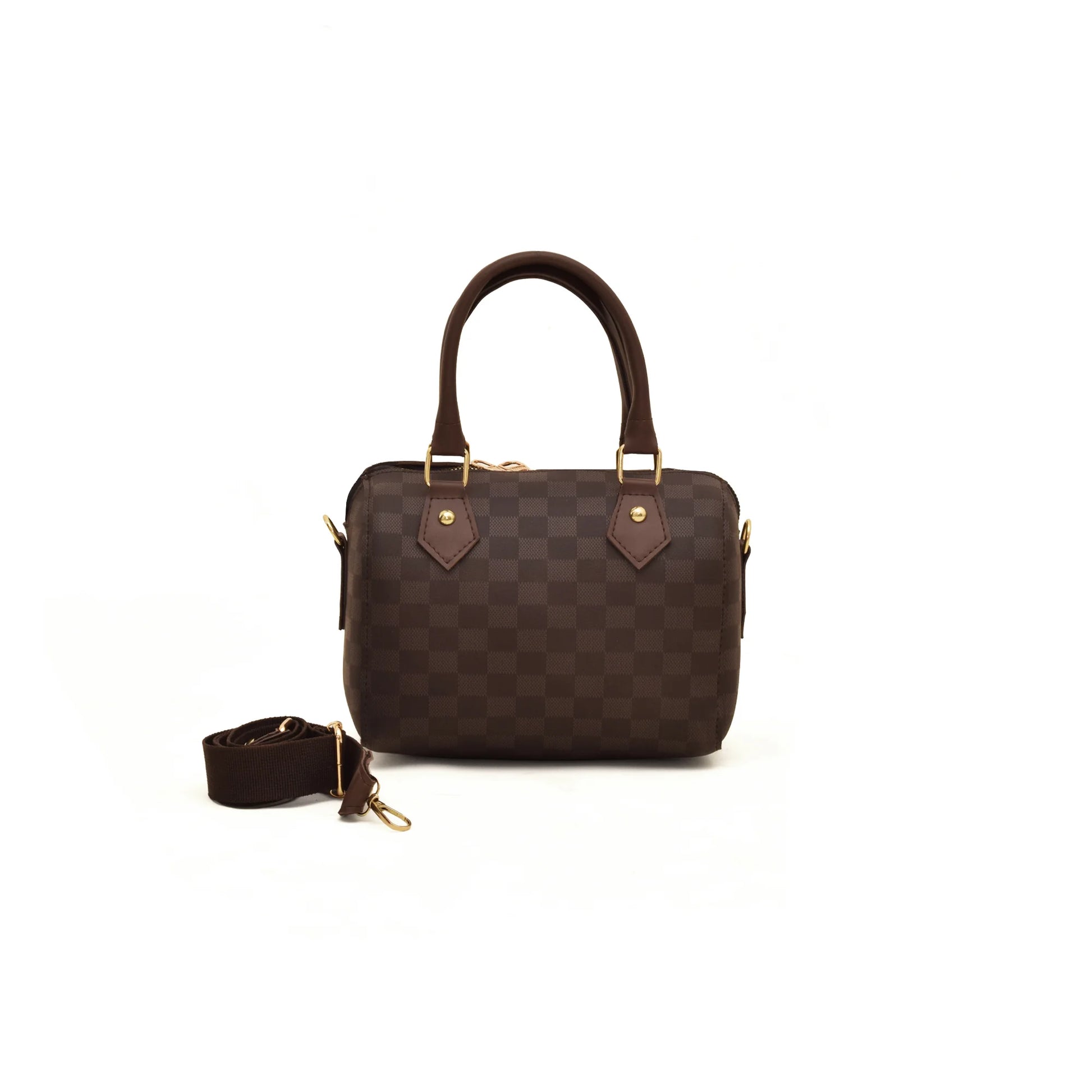 Brown checkered handbag with a strap on a white background