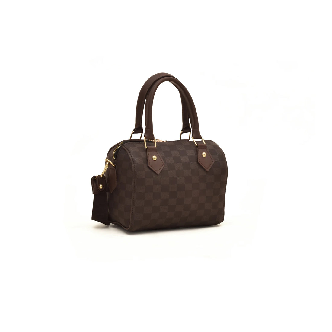 Brown checkered handbag with gold accents on a white background