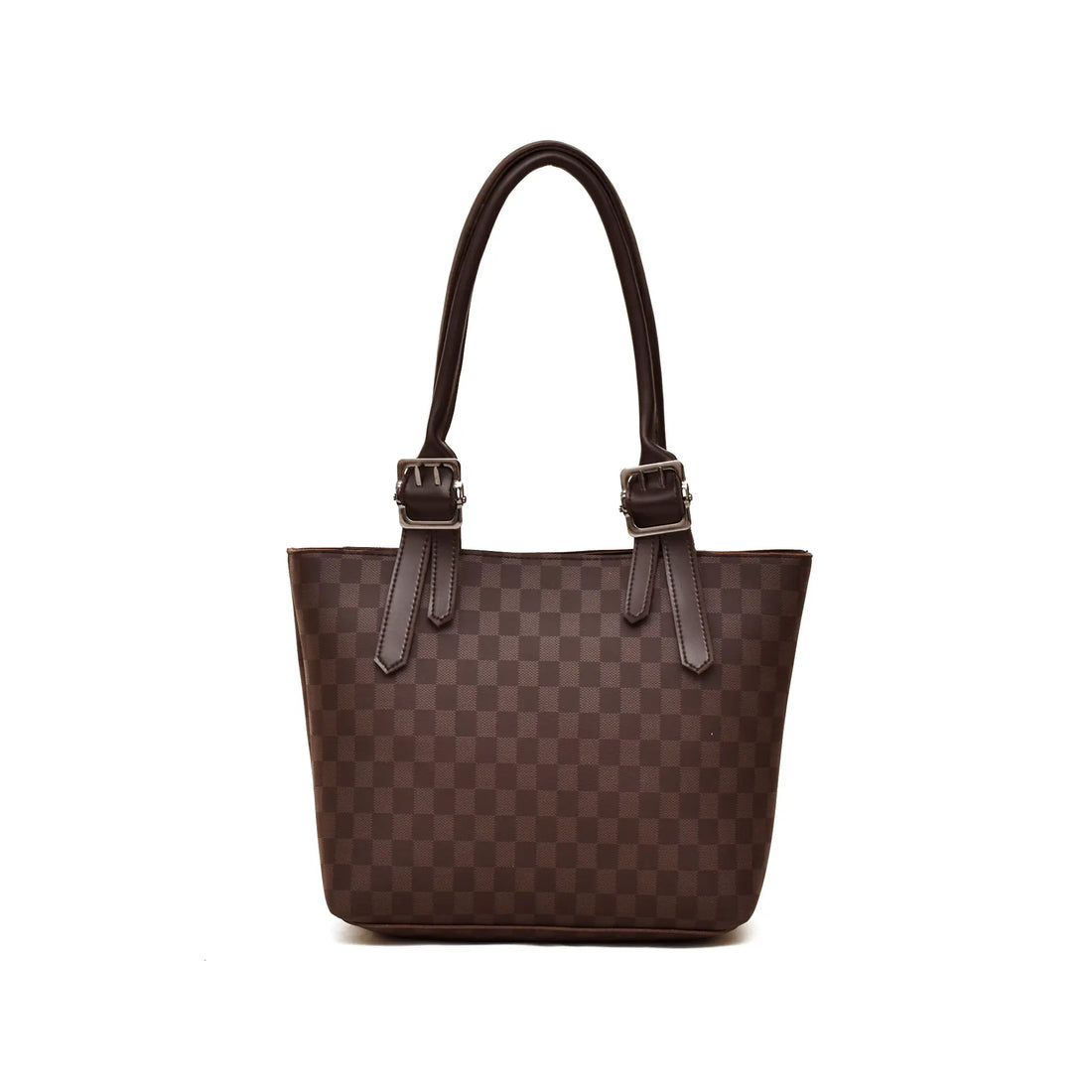 Brown checkered handbag with black handle on a white background