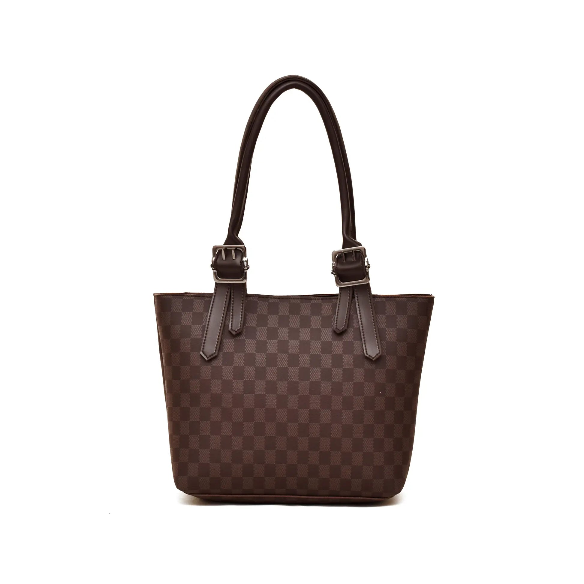 Brown checkered handbag with black handle on a white background