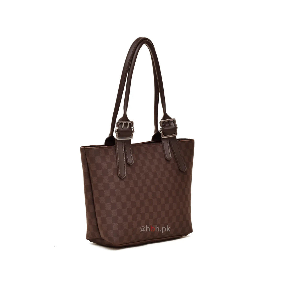 Brown checkered handbag with black handle on a white background